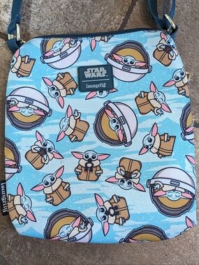 Loungefly Star Wars Baby Yoda Canvas Travel Passport Crossbody Shoulder Bag Blue